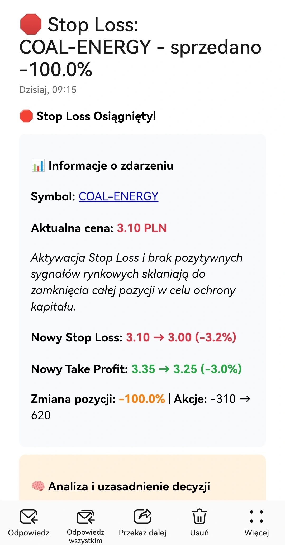 Powiadomienie o zamknięciu pozycji